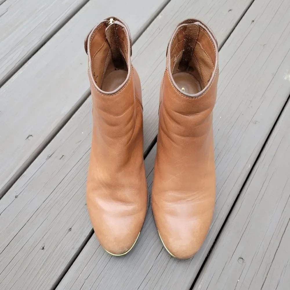 Coach Waldorf‎ Cinnamon Tan Calfskin Leather Chunky Heel Ankle Boots Booties 8_5